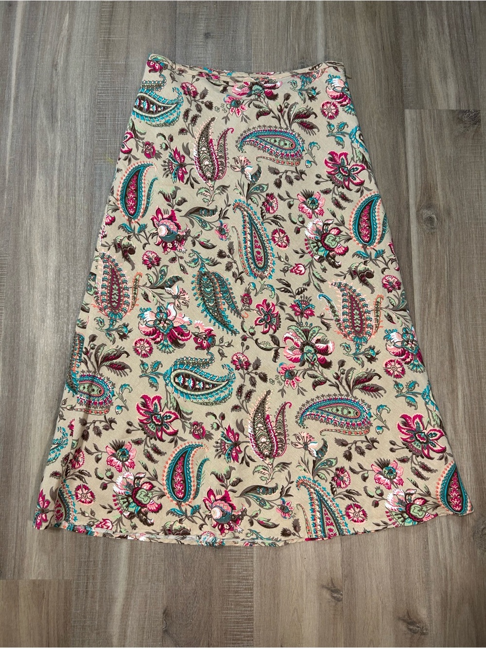 East 5th Beige Paisley Floral A-Line Skirt with Pink & Teal Accents